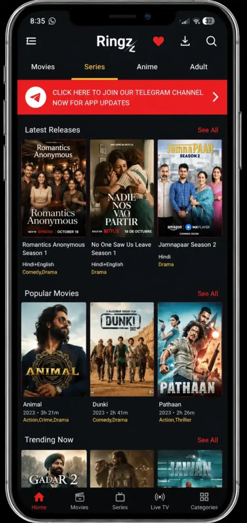 Ringz 1 Ringz apk homescreen showing movies categories